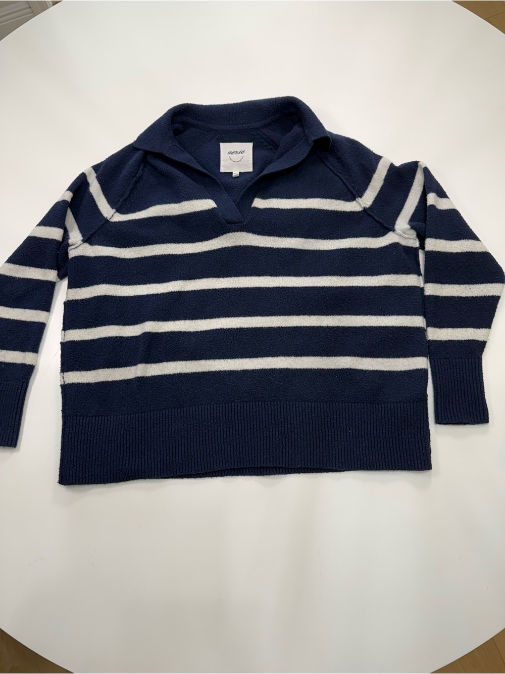 aerie Navy and White Striped V-Neck Pullover - Picture 2 of 6